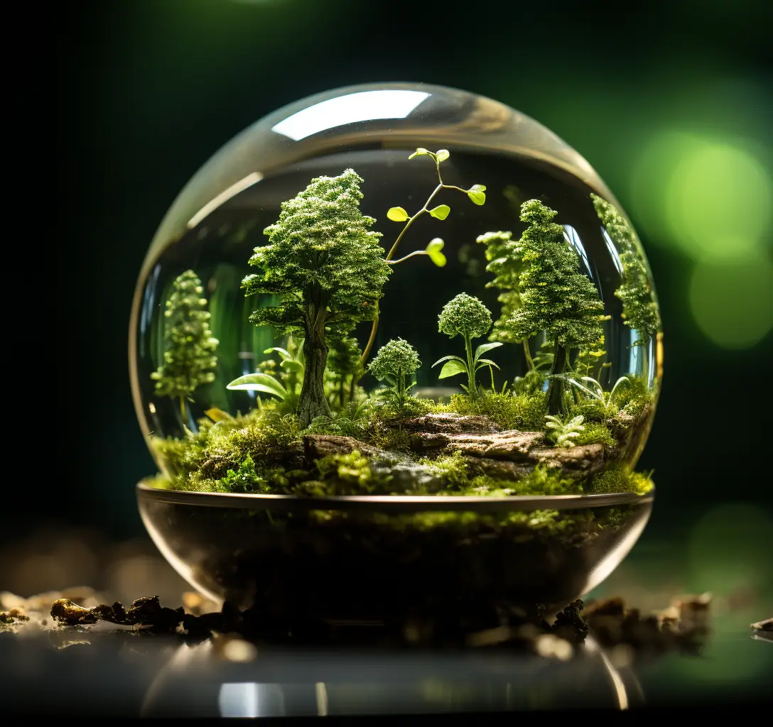 A clear glass terrarium with miniature trees.