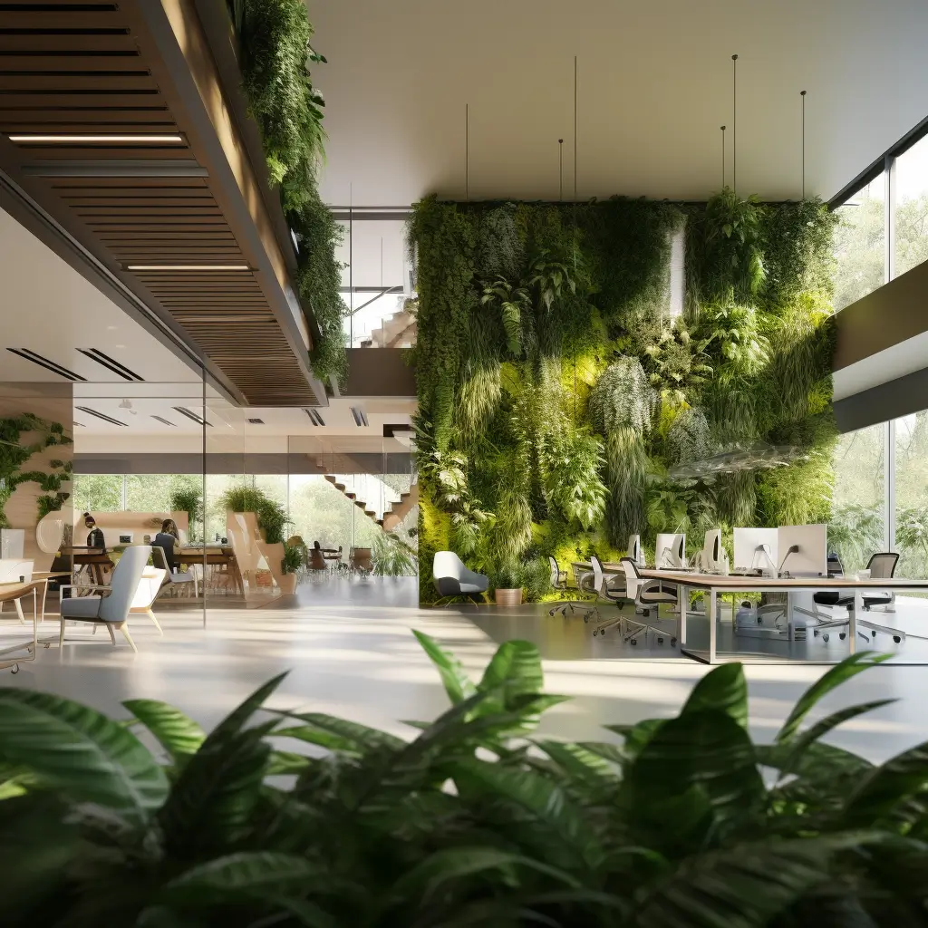 A bright, modern office with green walls.