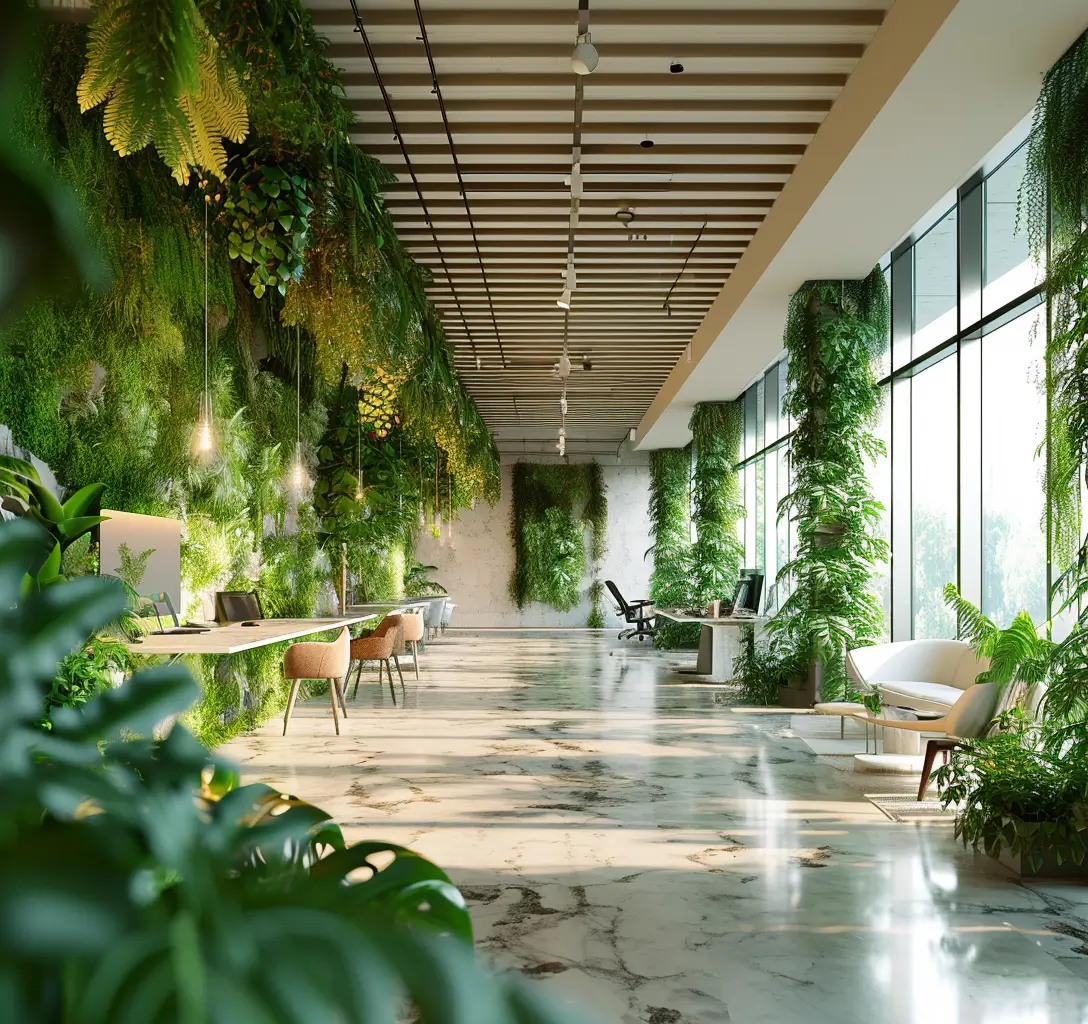 A lush, green, modern office interior.