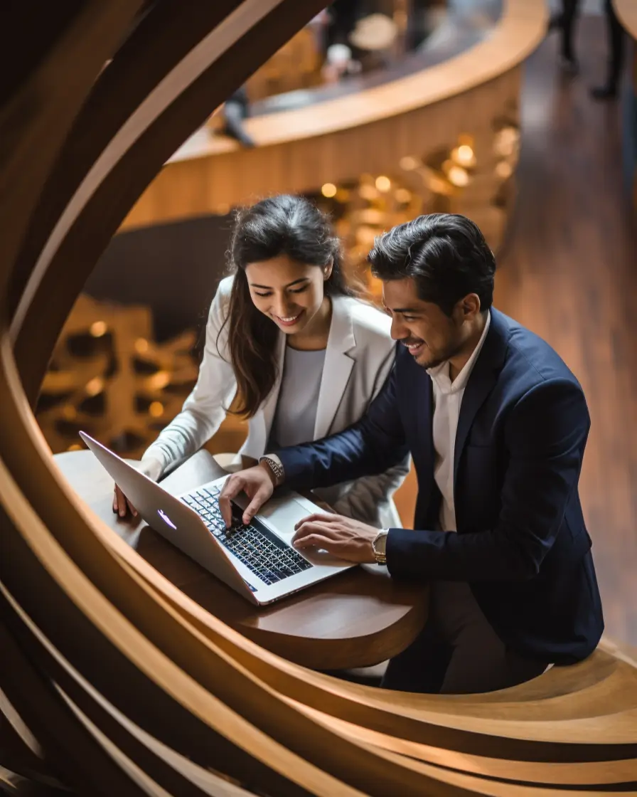 Two colleagues collaborate on a laptop.