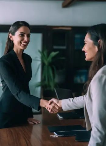 Two businesswomen smiling, shaking hands.